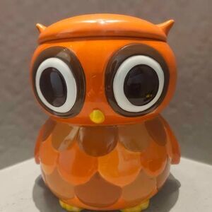 Ceramic Owl Cookie Jar Canister Orange Brown w/ Large Eyes Mesa Home Products
